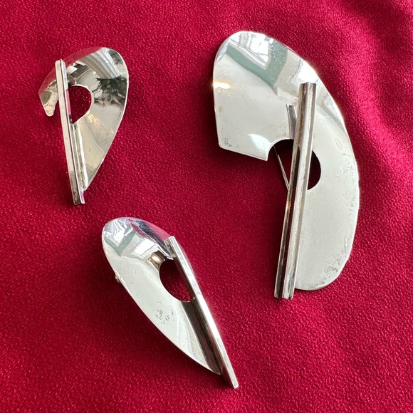 Jewelry - Vintage Sterling Silver Brooch and Earring Set-Minimalist Artist’s Palette Motif